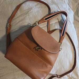 Shinola Tan Leather Backpack with Striped Straps